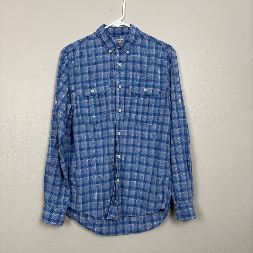 L.L. Bean Top Womens Blue White‎ Plaid Roll Tab Button Down Collared Shirt